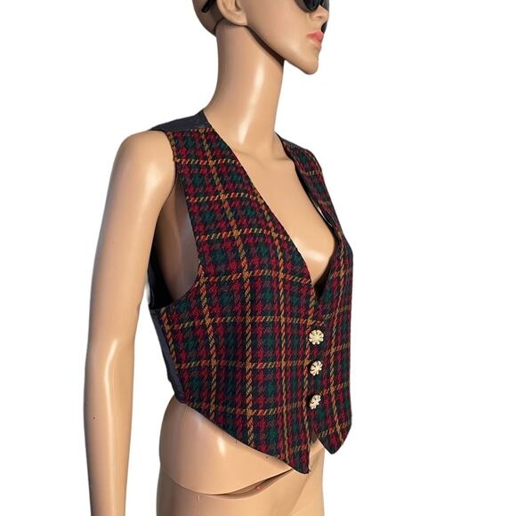 VTG Bentley VEST Women M Black Red Checkered Plaid Tweed Pearl Button Classic - Picture 2 of 10